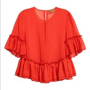 H&M Red Blouse Ruffle Swiss Polka Dot Sheer Lightweight Keyhole Top Sz 8 S M